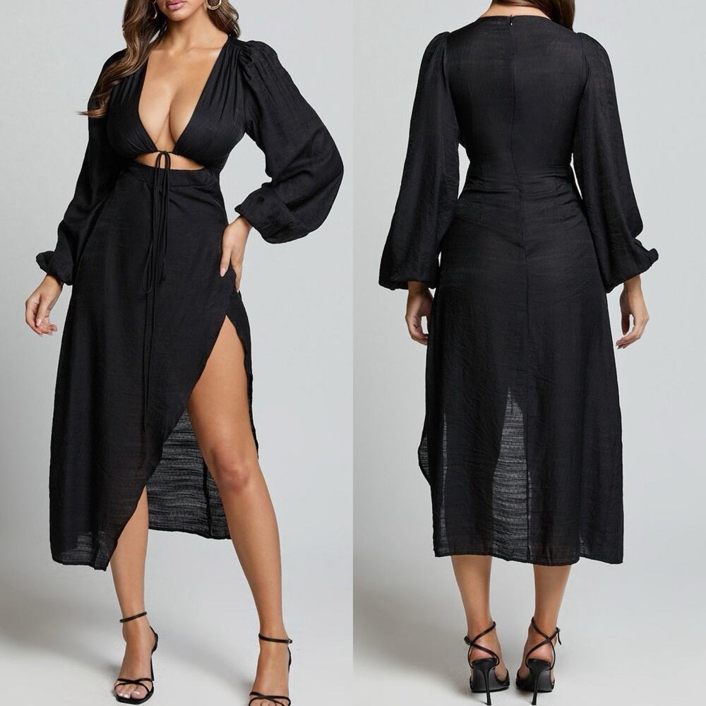 Showpo Demieh Cut Out Midi Dress Womens US 14 Long Sleeve Slit Black
